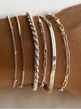 Silver Plated Stainless Steel 6pc Chain Bracelet Set